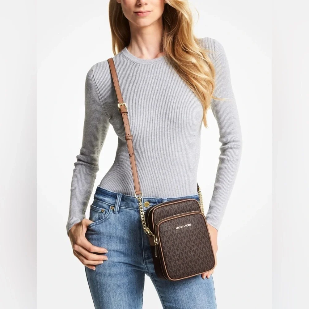 MICHAEL KORS Jet Set Travel Signature PVC Medium Logo Chain Crossbody Bag, EUC